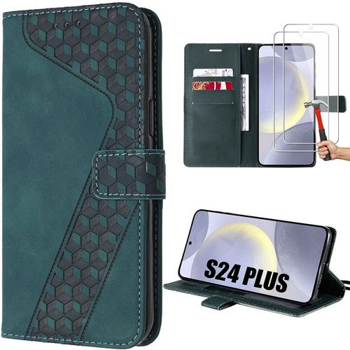 Coque + 2 Verres Trempés Pour Samsung Galaxy S24 Plus (S24+), Protection Cuir Synthétique Vert Nuit Fermeture Magnétique - E.F.Connection