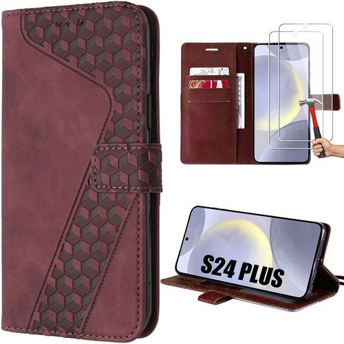 Coque + 2 Verres Trempés Pour Samsung Galaxy S24 Plus (S24+), Protection Antichoc Synthécuir Rouge Motif Mosaïque Luxe - E.F.Connection