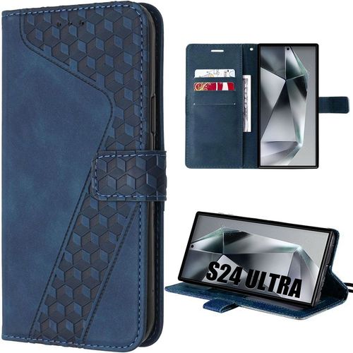 Coque Pour Samsung Galaxy S24 Ultra, Housse Flip Case Cuir Synthétique Bleu Marine Avec Motif Mosaïque - E.F.Connection