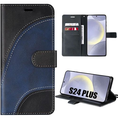 Coque Pour Samsung Galaxy S24 Plus (S24+) - Coque À Motif Effet Cuir Élégant Bicolore Noir/Bleu Marine - E.F.Connection