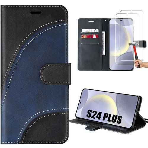 Coque Pour Samsung Galaxy S24 Plus (S24+) Avec 2 Verres Trempés, Effet Cuir Intégral Portefeuille Bicolore Bleu Marine/Noir - E.F.Connection