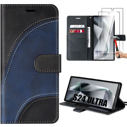 Coque Pour Samsung Galaxy S24 Ultra Avec 2 Verres Trempés, Coque Effet Cuir Flip Case - Bicolore Bleu Marine/Noir - E.F.Connection