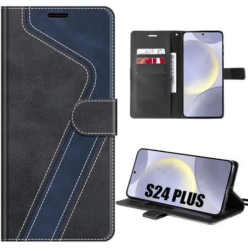 Coque Pour Samsung Galaxy S24 Plus (S24+) Housse Souple Antichoc Cuir Pu - Noir/Bleu Marine - E.F.Connection