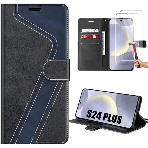 Coque Pour Samsung Galaxy S24 Plus (S24+) Housse Souple Antichoc Cuir Pu - Noir/Bleu Marine + 2 Verres Trempés - E.F.Connection
