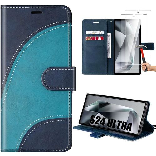 Coque Pour Samsung Galaxy S24 Ultra Avec 2 Verres Trempés - Coque Effet Cuir Élégant Bleu - E.F.Connection