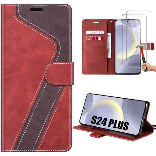 Coque Pour Samsung Galaxy S24 Plus (S24+) - Coque Anti-Rayures Effet Cuir Bicolore Rouge + 2 Verres Trempés - E.F.Connection