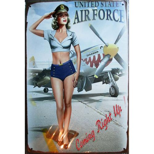 Plaque Pin Up Brune Sexy Pilote D'avion Militaire Bombardier 30x20cm Tole