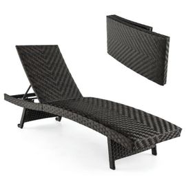 Costway Chaise Longue Pliable En Rotin Pe - Dossier Inclinable À 5 Positions, 2 Roues Arrière, Patins Antidérapants - Bain De Soleil