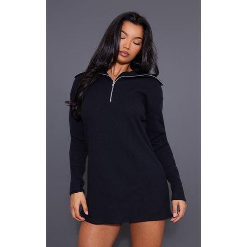 Robe Pull Oversize Côtelée Noire À Col Haut Et Demi-Zip, 38