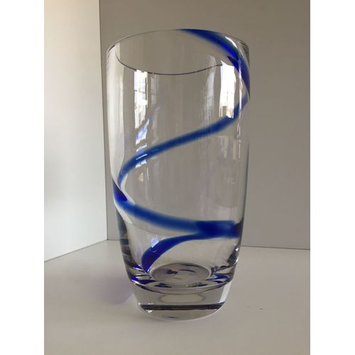 Élégant & Grand Vase en Verre Cristal Épais Design Moderniste Liseré Cobalt