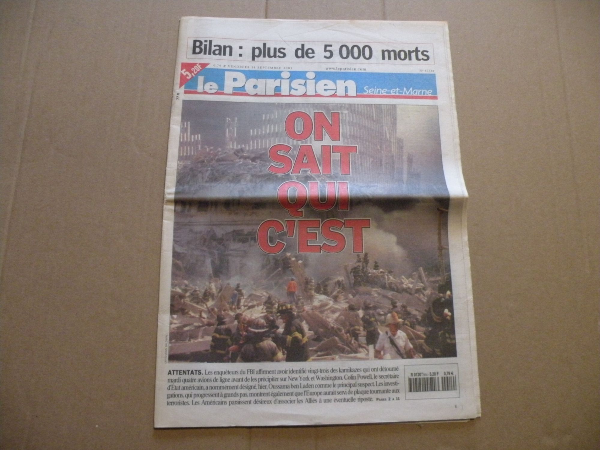 Brade Le Parisien Seine Et Marne N° 1773 Du Vendredi 14 Septembre 2001