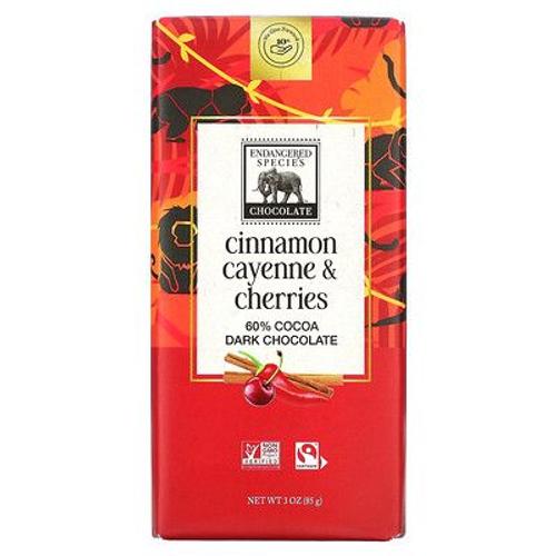 Endangered Species Chocolate Barre De Chocolat Noir, Cannelle De Cayenne Et Cerises, 60 % De Cacao, 85 G