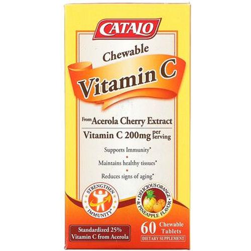 Catalo Naturals Vitamine C À Croquer, Orange Et Ananas, 200 Mg, 60 Comprimés À Croquer (100 Mg Par Comprimé) 