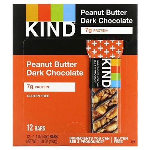 Kind Bars Kind Plus, Barre De Chocolat Noir Au Beurre De Cacahuète, 12 Barres, 40 G Chacune