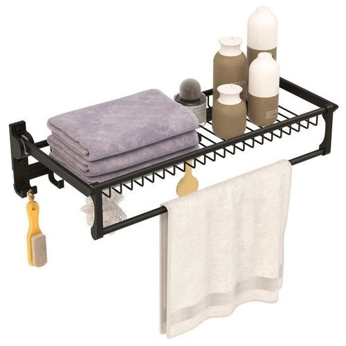 COSTWAY Étagère Douche pliable en Aluminium - 5 Crochets Mobiles - Porte Savon Douche - pour Baignoire, Salle de Bain, Cuisine, Noir