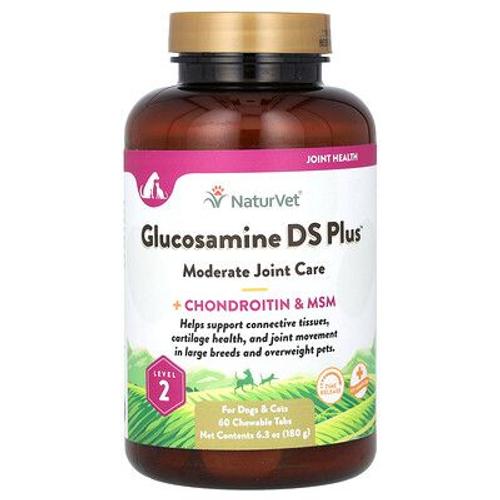 Naturvet Glucosamine Ds Plus, Soin Modéré Pour Les Articulations + Chondroïtine Et Msm, Pour Chiens Et Chats, Niveau 2, 60 Comprimés À Croquer, 180 G