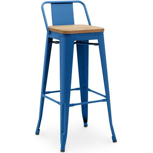 Tabouret De Bar Avec Petit Dossier Bistrot Metalix Design Industriel En Métal Et Bois Clair - 76 Cm - Nouvelle Édition Bleu Foncé