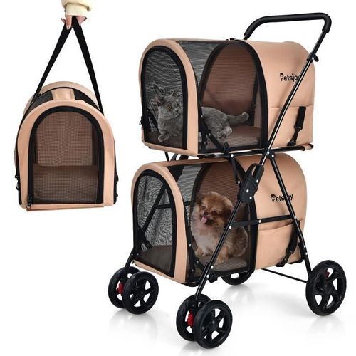 Costway Poussette Buggy Pliable Chien Double Cage Détachable 4 Roues Avec Porte Bidirectionnel En Tissu Oxford Beige