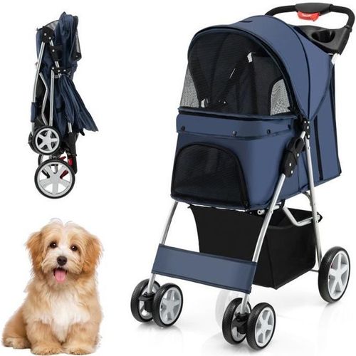 Costway Poussette Buggy Pliable Animaux 4 Roues Charge 15kg Chariot Pour Chat /Chien Avec Porte-Gobelet Et Panier De Rangement Bleu