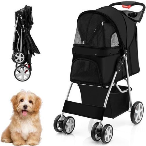 Costway Poussette Buggy Pliable Animaux 4 Roues Charge 15kg Chariot Pour Chat /Chien Avec Porte-Gobelet Et Panier De Rangement Noir