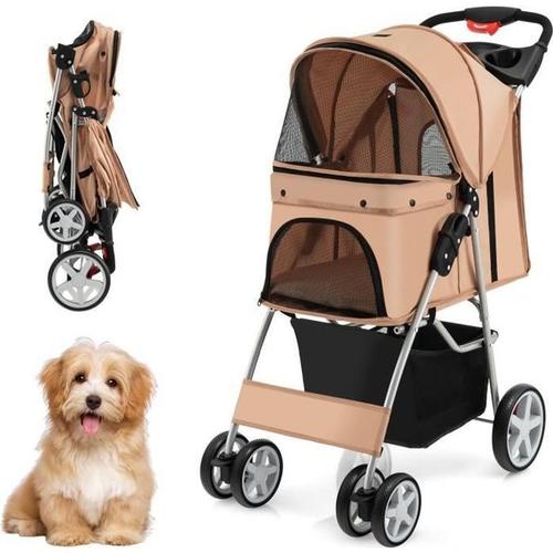 Costway Poussette Buggy Pliable Animaux 4 Roues Charge 15kg Chariot Pour Chat /Chien Avec Porte-Gobelet Et Panier De Rangement Beige