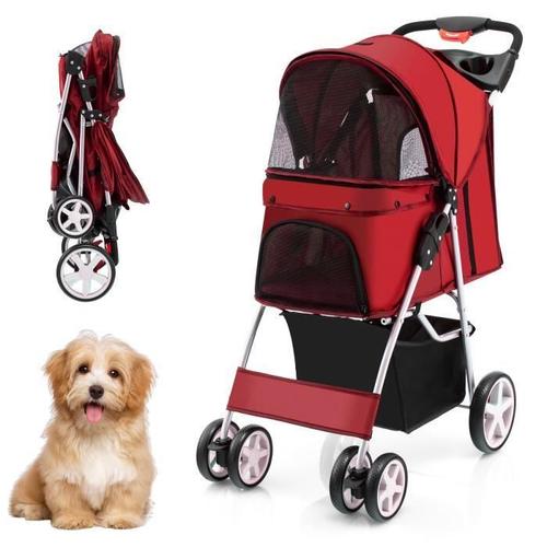 Costway Poussette Buggy Pliable Animaux 4 Roues Charge 15kg Chariot Pour Chat /Chien Avec Porte-Gobelet Et Panier De Rangement Rouge