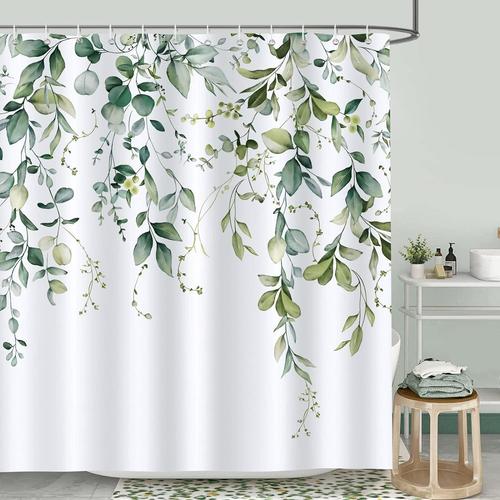 Rideau De Douche Feuilles D'eucalyptus Plante Verte Rideau De Salle De Bain En Polyester Imperméable Anti-Moisissure Rideau De Douche Lavable 183 X 183 Cm Avec 12 Crochets