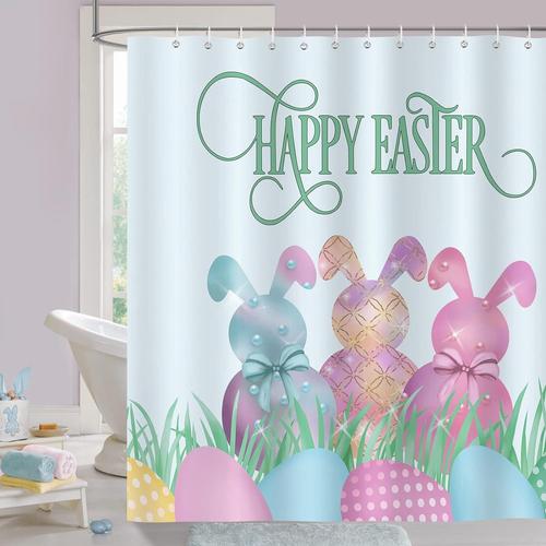 Rideau De Douche De Pâques Oeufs De Lapin Rideau De Salle De Bain En Polyester Bleu Rideau De Douche Imperméable Anti-Moisissure Lavable 183 X 183 Cm Avec 12 Crochets