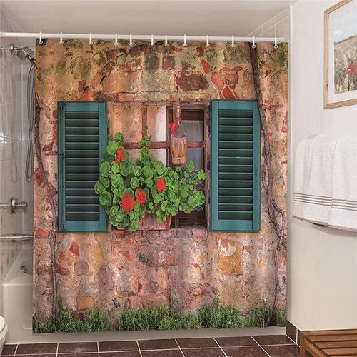 Rideaux De Douche Sur Le Thème Du Jardin 3d, Plantes Vertes, Fleurs, Fenêtre En Bois, Mur De Briques, Décoration Extérieure De Salle De Bain, Tissu Avec Crochet, Marron Vert