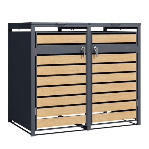 Axi Lucas Cache Poubelle Métallique Anthracite/Aspect Bois - Abri Poubelle Pour 2 Conteneurs - Max. 240l - Abri Poubelle Extérieur Avec Excellente Ventilation.