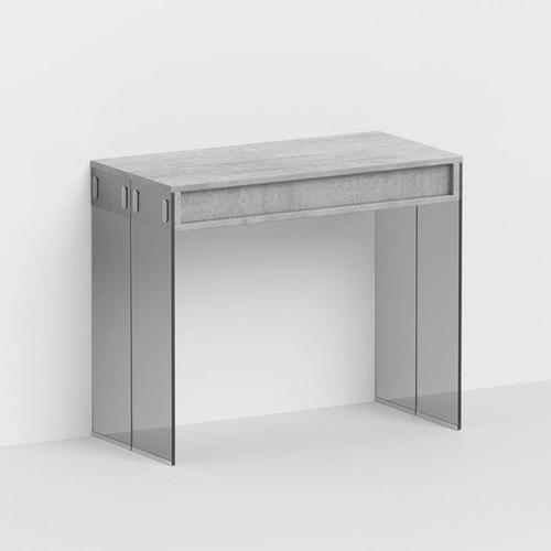 Table Console Extensible 45 À 270 Cm Stef Xl 10 Couverts Piétement Verre Fumé Plateau Gris Ciment