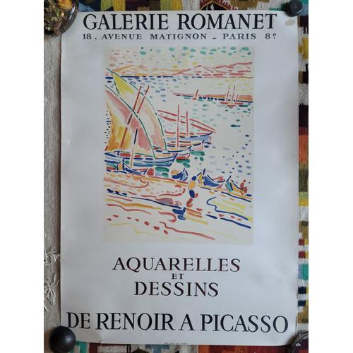 Jolie Affiche D'exposition Illustrée Par André Derain, À La Galerie Romanet, 1963 : Aquarelles Et Dessins De Renoir À Picasso. Format : 52,5 X 73,5 Cm.