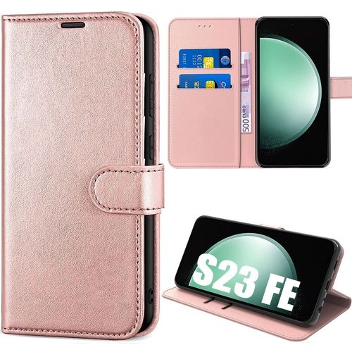 Coque Pour Samsung Galaxy S23 Fe, Antichoc En Cuir Pu Avec Poche À Cartes Et Béquille Réglable - Rose (Pas Pour S23) - E.F.Connection