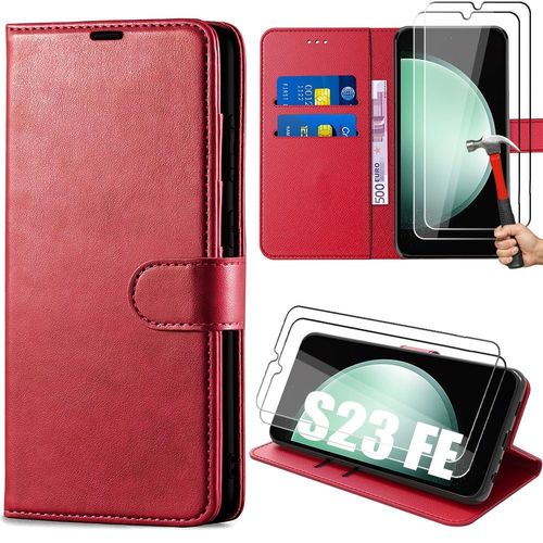 Coque + 2 Verres Trempés Pour Samsung Galaxy S23 Fe, Rouge, Protection En Simili Cuir Avec Poche À Cartes (Pas Pour S23) - E.F.Connection