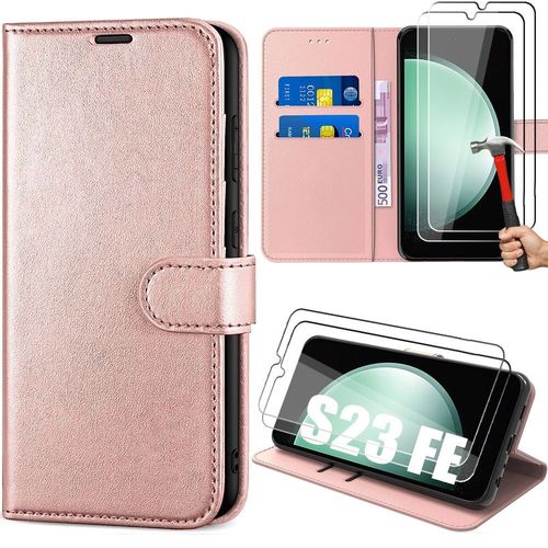 Coque Pour Samsung Galaxy S23 Fe, Rose, Antichoc En Cuir Pu Avec Fentes Pour Cartes + 2 Verres Trempés (Pas Pour S23) - E.F.Connection