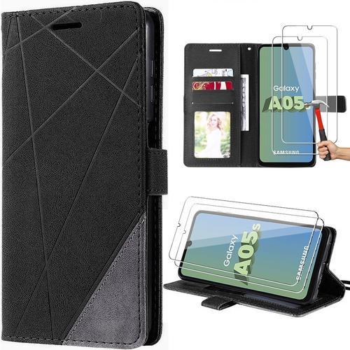 Coque Pour Samsung Galaxy A05s -Noir- Art Linéaire En Cuir Pu Protection Antichoc + 2 Verres Trempés (Pas Pour A05) - Booling