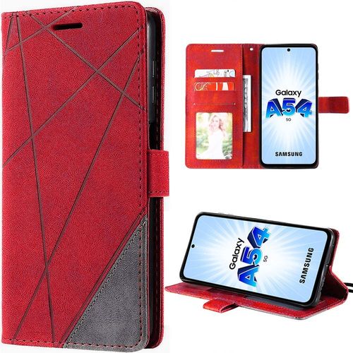 Coque Pour Samsung Galaxy A54 5g, Rouge, Protection Anti-Choc En Cuir Pu Avec Fentes Pour Cartes Et Support - Booling