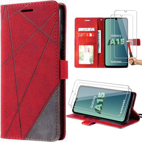 Coque Pour Samsung Galaxy A15 4g/5g + 2 Verres Trempés, Antichoc Avec Poche À Cartes Et Béquille Réglable, Effet Cuir Rétro Rouge - Booling
