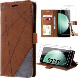 Coque Pour Samsung Galaxy S23 Fe Avec 2 Verres Trempés, Rétro En Cuir Pu Avec Porte-Cartes Et Support, Marron (Pas Pour S23) - Booling