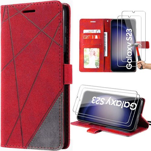 Coque Pour Samsung Galaxy S23 -Rouge- Rétro En Cuir Pu Avec Fentes Pour Cartes Et Fonction De Support + 2 Verres Trempés - Booling