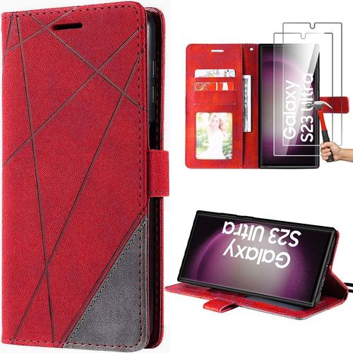 Coque Pour Samsung Galaxy S23 Ultra Avec 2 Verres Trempés, Antichoc En Cuir Pu Rouge, Avec Porte-Cartes Et Fonction Support - Booling