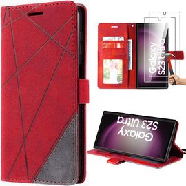 Coque Pour Samsung Galaxy S23 Ultra Avec 2 Verres Trempés, Antichoc En Cuir Pu Rouge, Avec Porte-Cartes Et Fonction Support - Booling