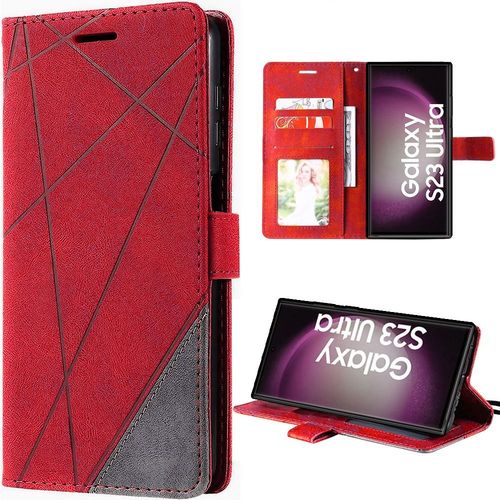 Coque Pour Samsung Galaxy S23 Ultra, Rouge, Antichoc Effet Cuir Rétro Avec Fentes Pour Cartes Et Fonction De Support (Pas Pour S23) - Booling