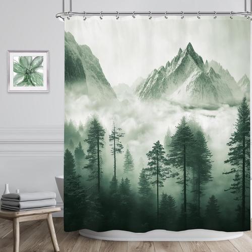 Rideau De Douche Vert Brumeux, Paysage De Montagne Brumeuse, Scène De Parc National, Arbre Fumé, Paysage Boisé Pour Hommes, Décor De Salle De Bain, Tissu En Polyester Imperméable