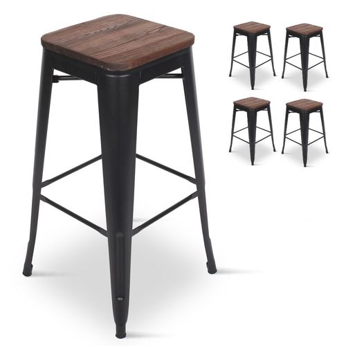 Kosmi - Lot De 4 Tabourets De Bar En Métal Noir Mat Et Assise En Bois Foncé, Tabouret Métal Et Bois Haut Hauteur 66cm Idéal Pour Une Table De 90cm