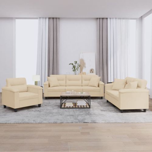 Vidaxl Ensemble De Canapés 3 Pcs Avec Coussins Crème Tissu Microfibre