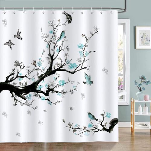 Rideau De Douche Fleurs Bleues Branche D'arbre D'oiseau Rideau De Salle De Bain En Polyester Imperméable Anti-Moisissure Rideau De Douche Lavable 183 X 183 Cm Avec 12 Crochets