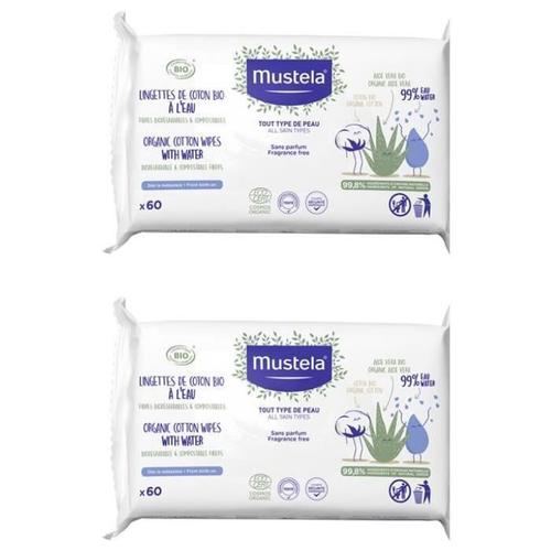 77500 Mustela Lingettes De Coton Bio À L'eau Lot De 2 X 60 Lingettes