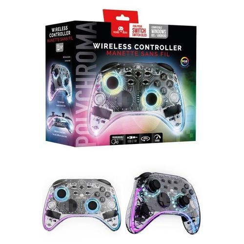 Manette Switch Nintendo Led Pc Sans Fil Polychroma - Transparente À Led Rgb- Câble 1m Fonction Turbo