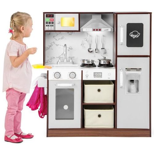 Cuisine Enfants - Costway - En Bois 3 Ans+, 14 Accessoires, Lumière & Effet Sonore Avec Vêtements Rose De Chef